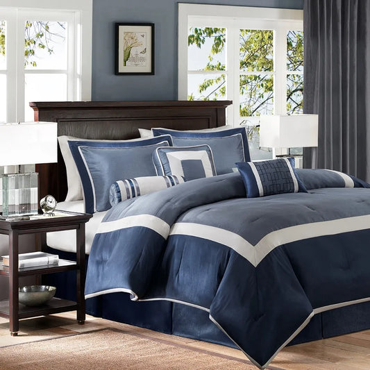 7-Piece Comforter Set Navy Queen Navy Polyester