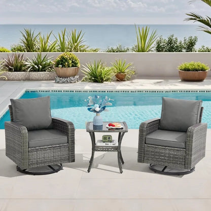 3-Piece Wicker Patio Swivel Chair w/Side Table