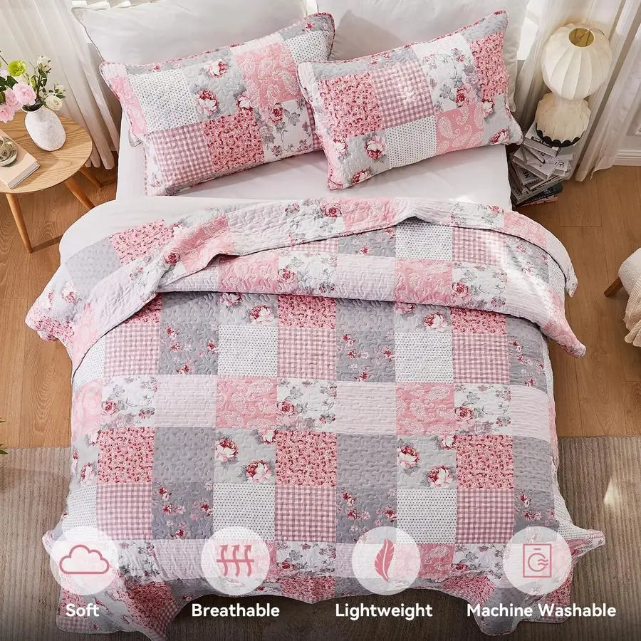 Full Queen Floral Plaid Patchwork Rversible Quilted