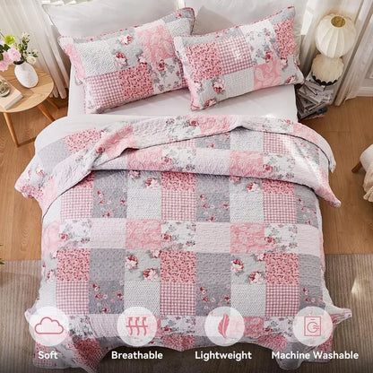 Full Queen Floral Plaid Patchwork Rversible Quilted