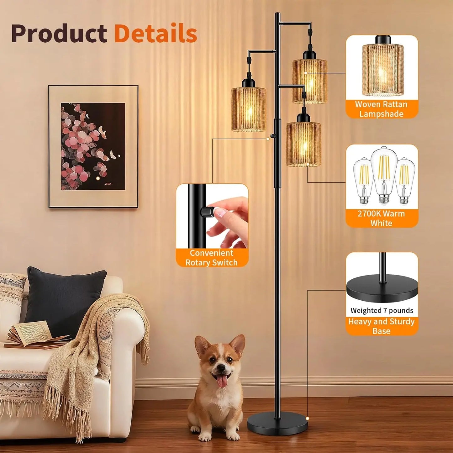 72" Rattan  Floor Lamp w/Dimmable Light, Handcrafted