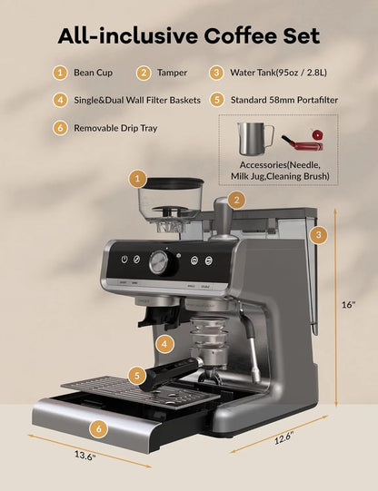 Espresso Coffee Machine Semi Automatic W/Grinder 1450W