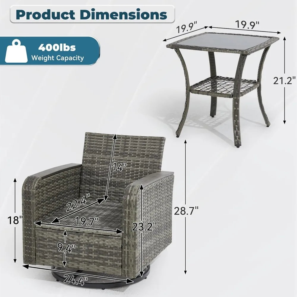 3-Piece Wicker Patio Swivel Chair w/Side Table