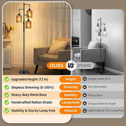 72" Rattan  Floor Lamp w/Dimmable Light, Handcrafted