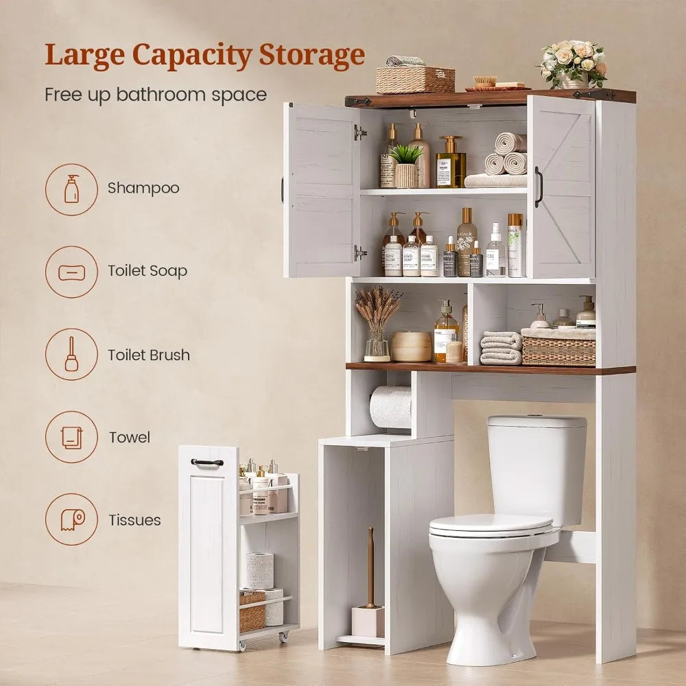 Toilet Cabinet W/Pulley, Adjustable Shelves & Casters