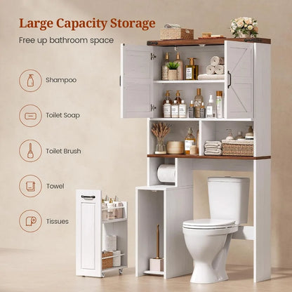 Toilet Cabinet W/Pulley, Adjustable Shelves & Casters