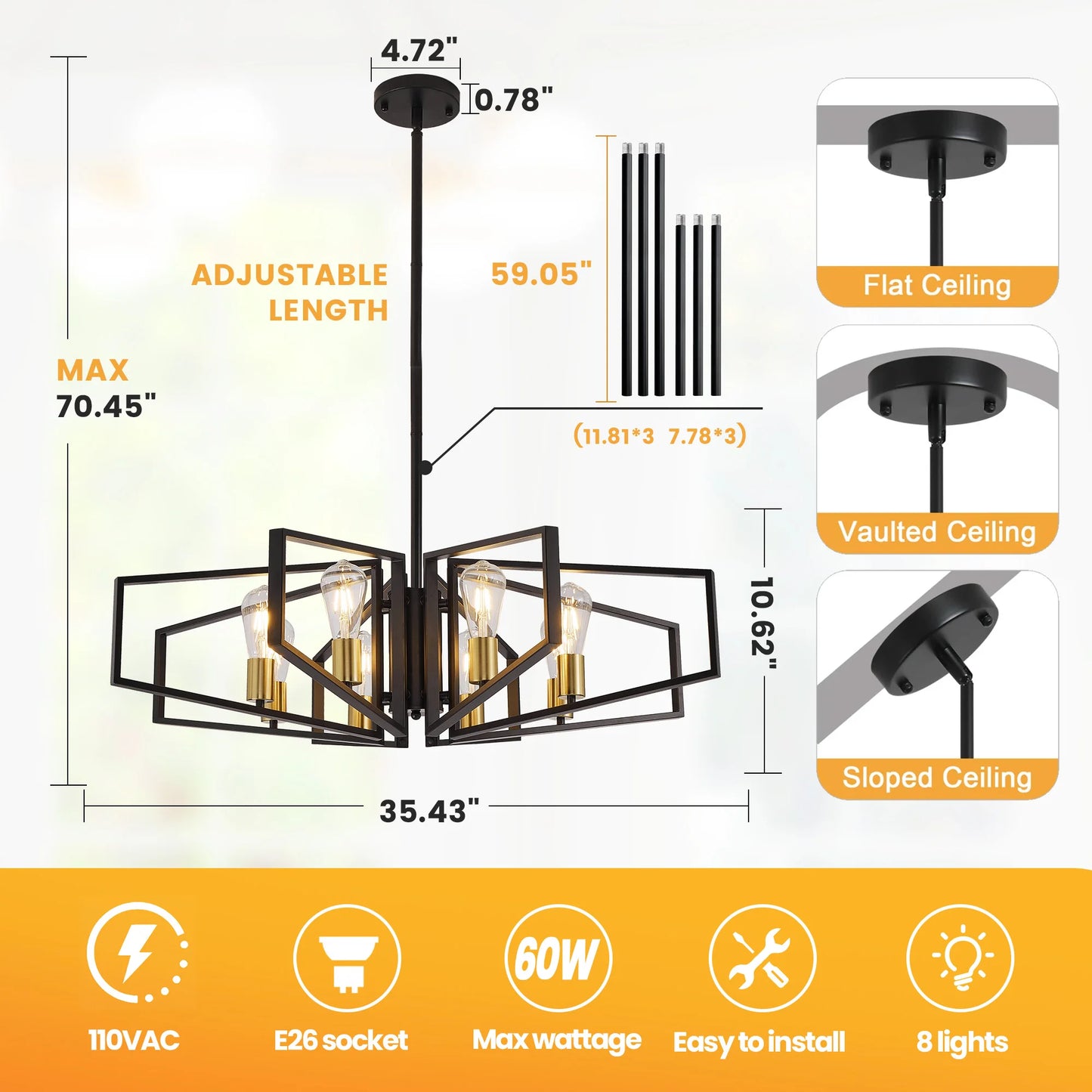 8-Light Geometric Chandelier Adjustable Metal Pendant Light