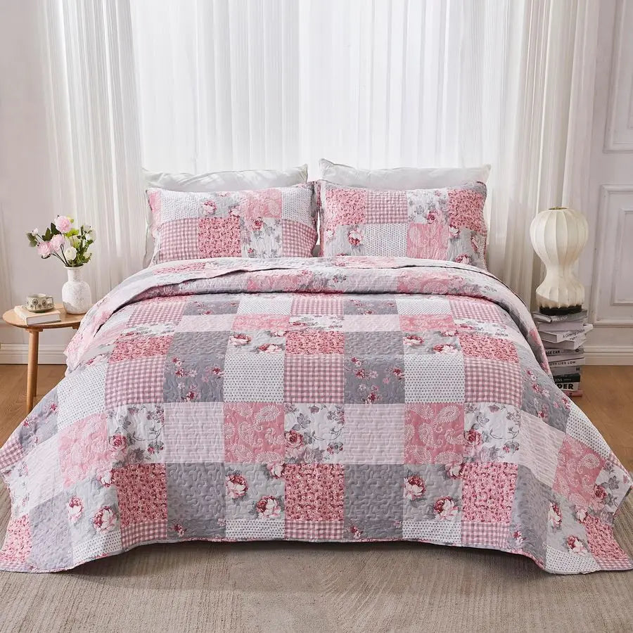 Full Queen Floral Plaid Patchwork Rversible Quilted