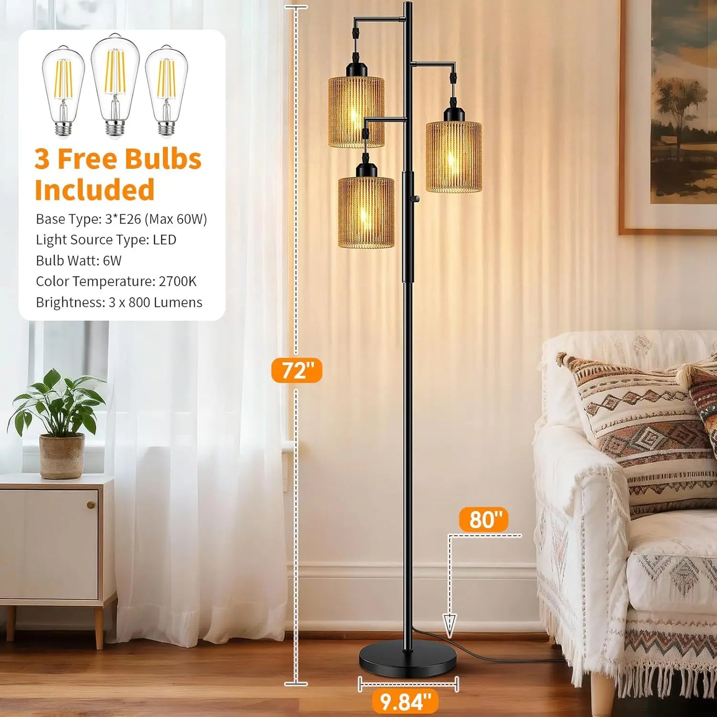 72" Rattan  Floor Lamp w/Dimmable Light, Handcrafted