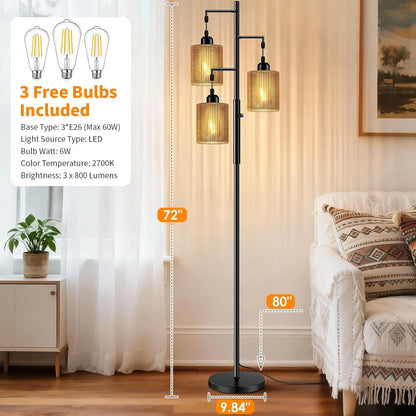 72" Rattan  Floor Lamp w/Dimmable Light, Handcrafted