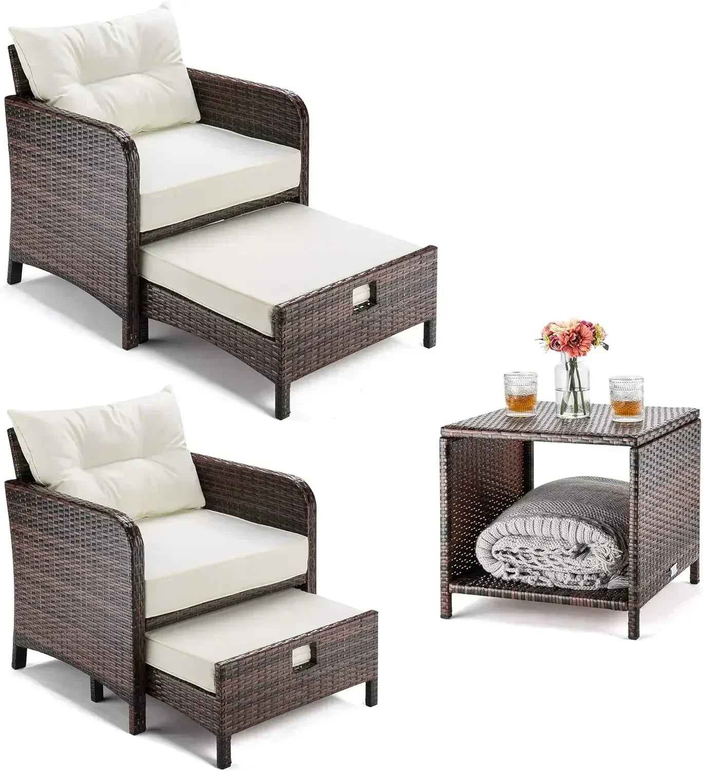 5-Pieces Outdoor Wicker Patio Chairs w/Ottomans w/Coffetable