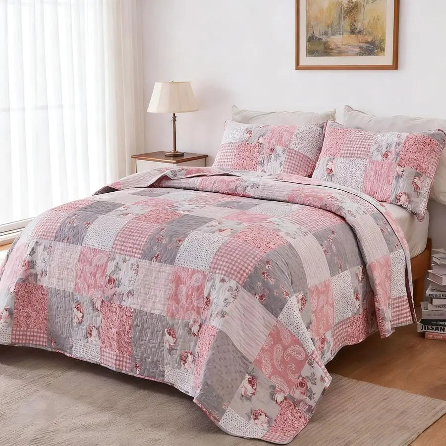 Full Queen Floral Plaid Patchwork Rversible Quilted