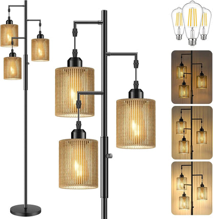72" Rattan  Floor Lamp w/Dimmable Light, Handcrafted