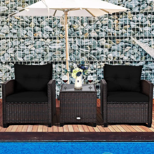 3Piece Patio Set Rattan Cushioned Table Porch