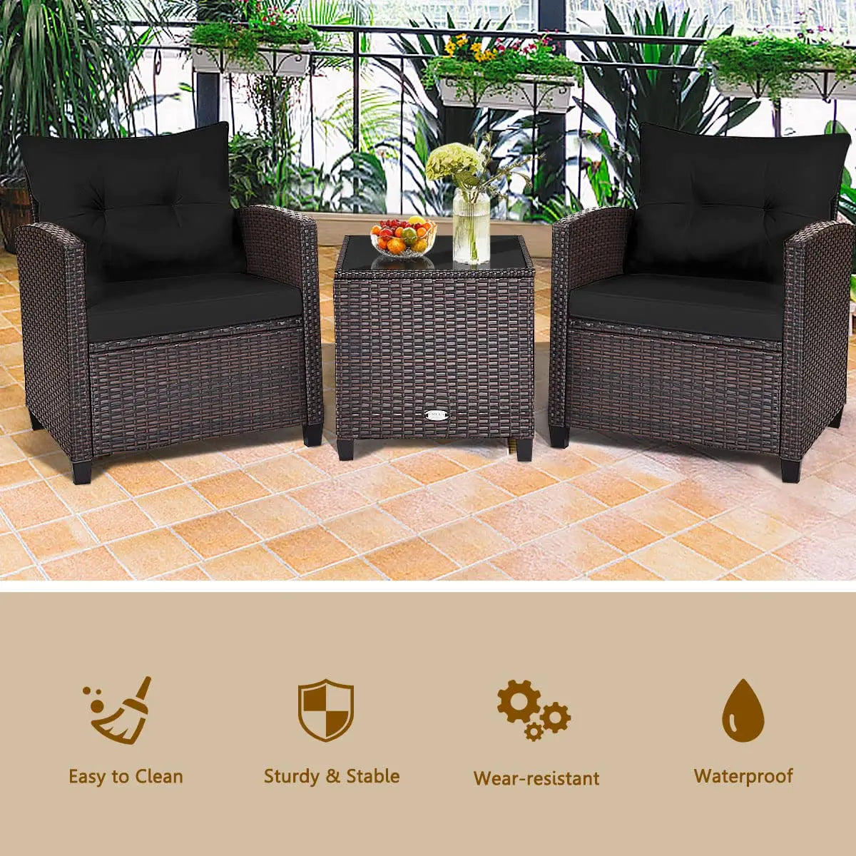 3Piece Patio Set Rattan Cushioned Table Porch