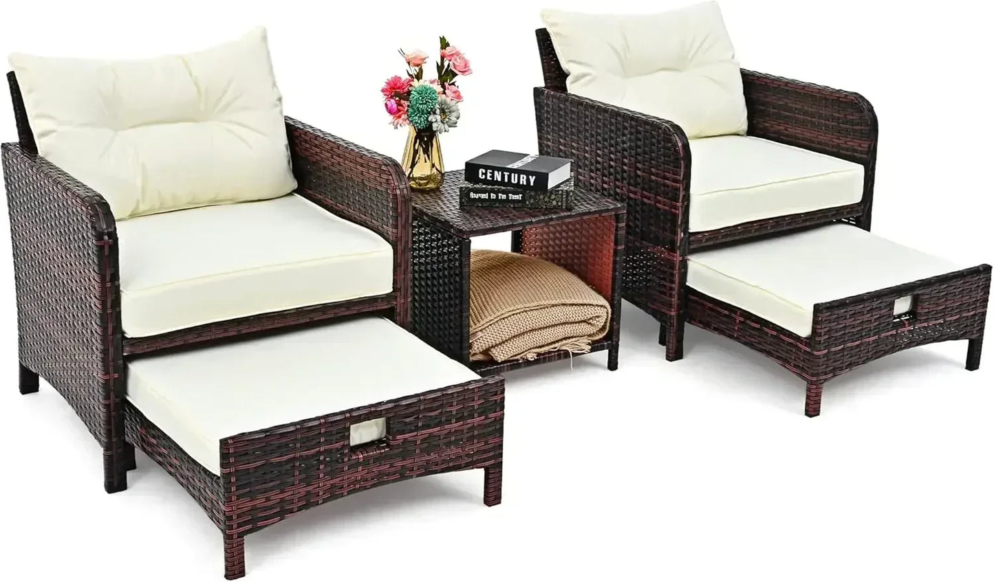 5-Pieces Outdoor Wicker Patio Chairs w/Ottomans w/Coffetable