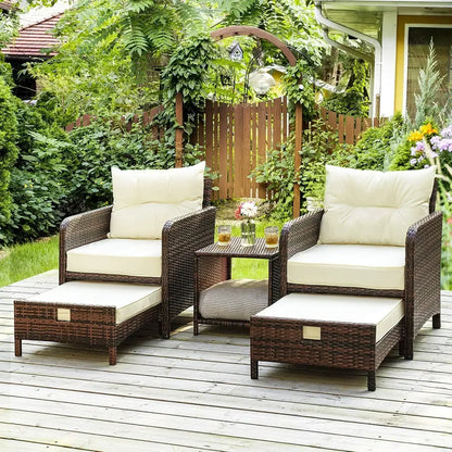 5-Pieces Outdoor Wicker Patio Chairs w/Ottomans w/Coffetable