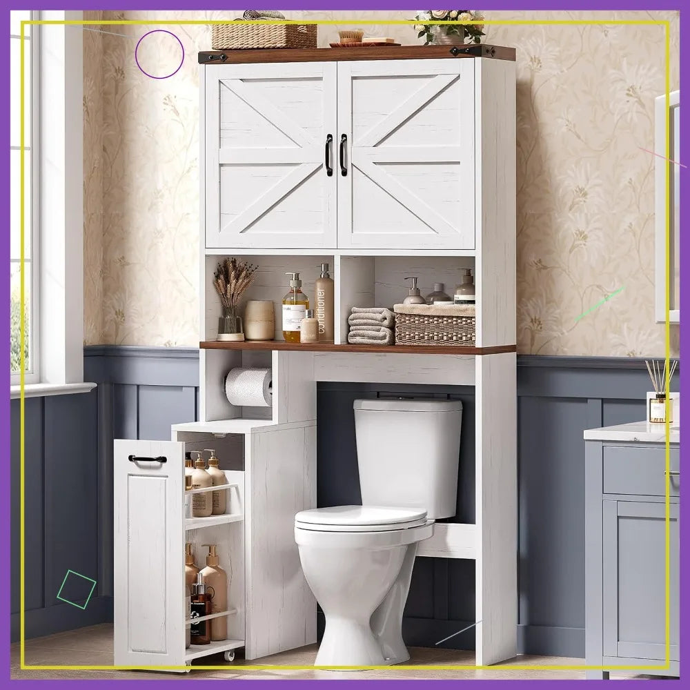 Toilet Cabinet W/Pulley, Adjustable Shelves & Casters