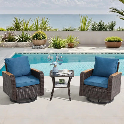 3-Piece Wicker Patio Swivel Chair w/Side Table
