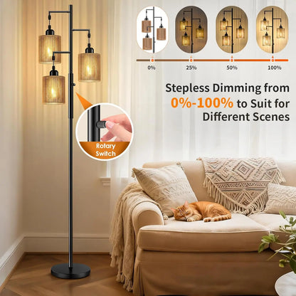 72" Rattan  Floor Lamp w/Dimmable Light, Handcrafted