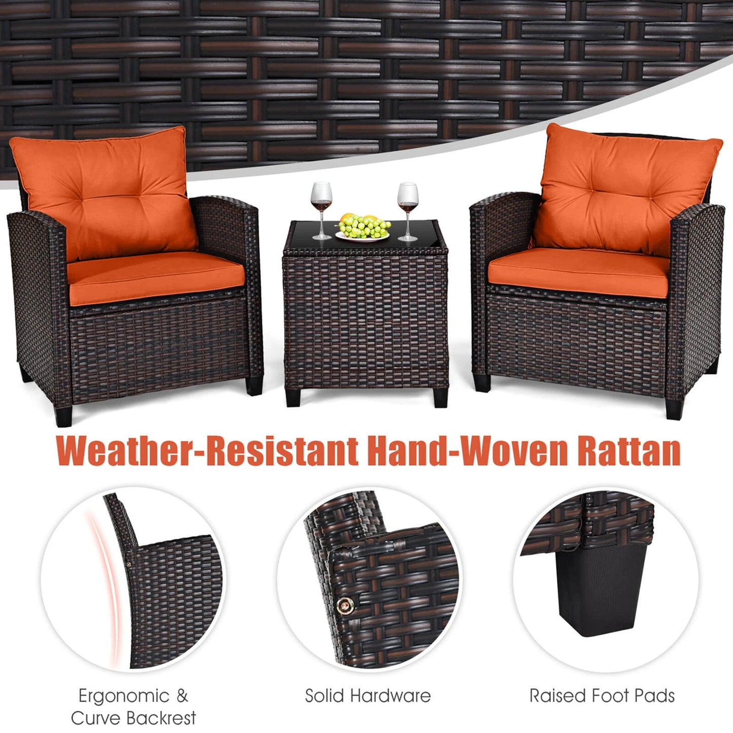 3 PCS Patio Rattan Furniture Cushioned Set