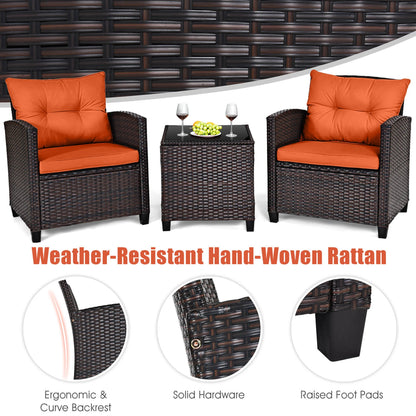 3 PCS Patio Rattan Furniture Cushioned Set