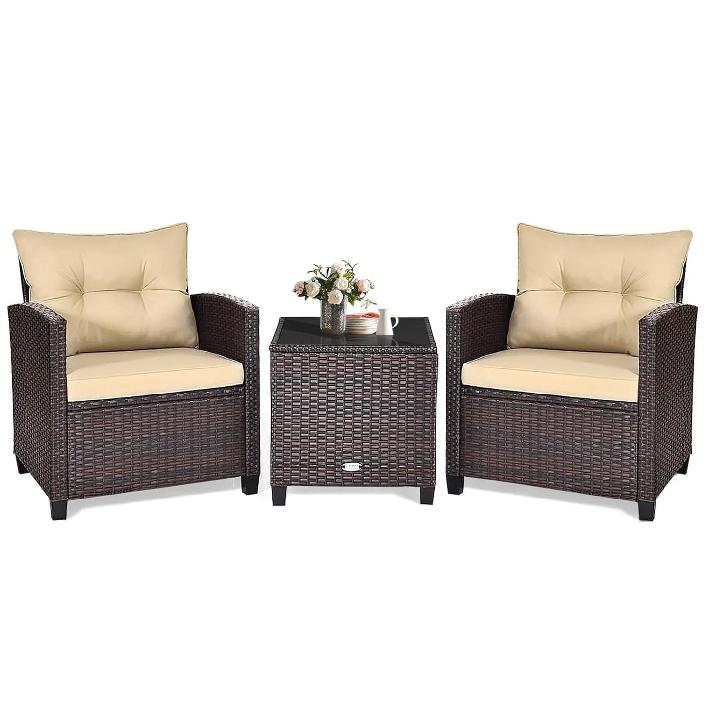 3Piece Patio Set Rattan Cushioned Table Porch