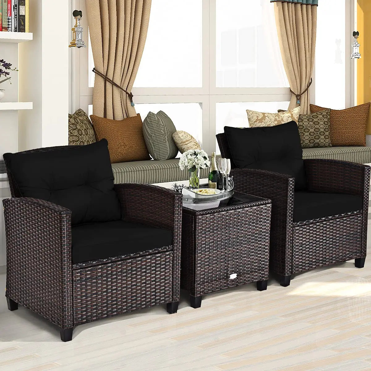 3Piece Patio Set Rattan Cushioned Table Porch