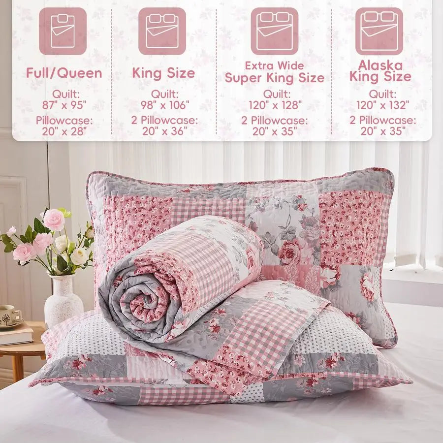 Full Queen Floral Plaid Patchwork Rversible Quilted